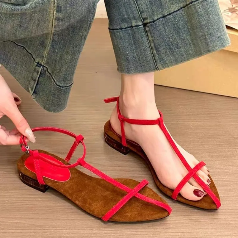 

Women Fashion Sandals Thin Low Heels Pointed Open Toe Ankle Strap Dress Shoes Solid Color Summer Ladies Thin Low Heels Sandals