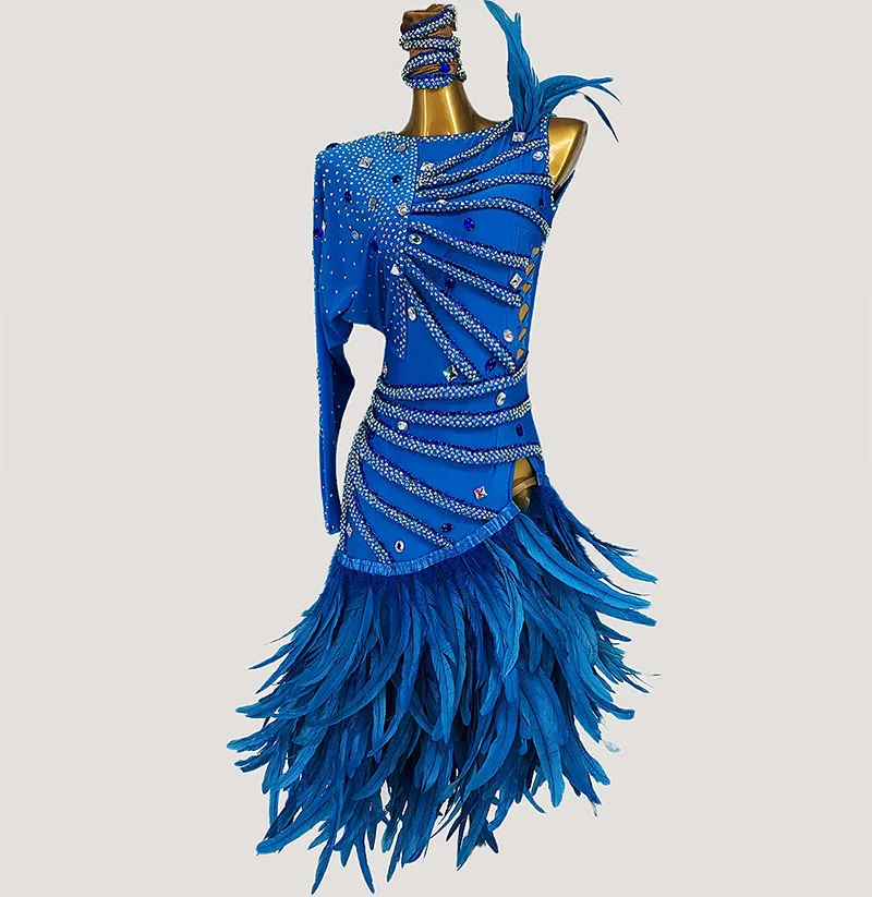 

Rumba Samba Cha cha Latin Skirt For Women High-end Customization Standard Latin Dance Dress Blue Feather Latin Dancing Skirt