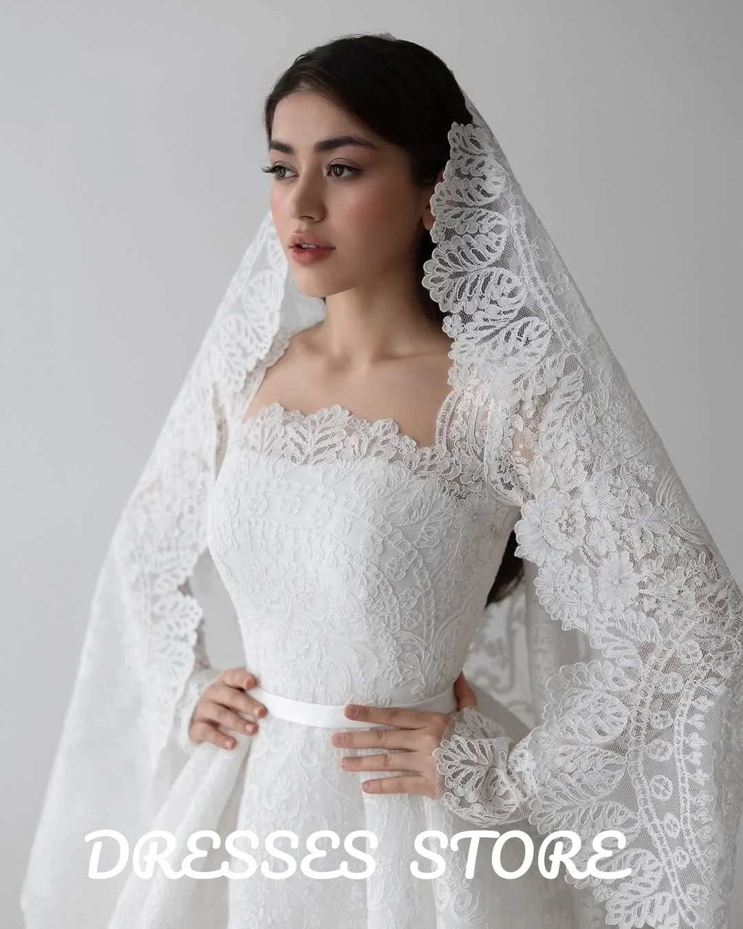 MD Modern A-line Lace Wedding Dress for Bride Customized Square Neck Long Sleeve Sweep Train Arabic Bridal Gown Vestido De Noiva