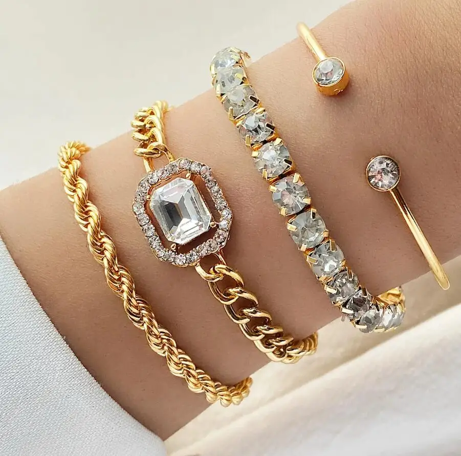 

Exaggerated punk Fried Dough Twists Inlay Rhinestone Four Bracelets Set For Girl Women Best Gifts Fashion Custom Jewelry