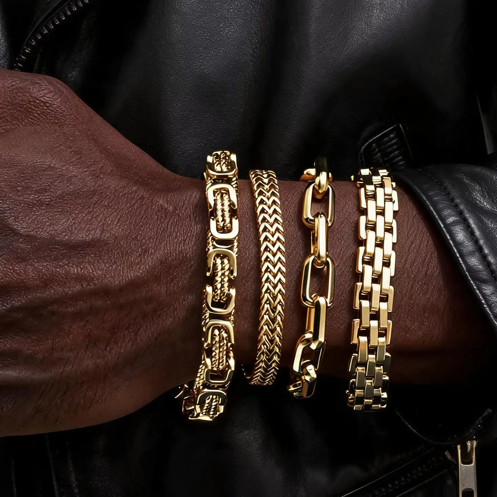 Gold Color Men's Chain Bracelet,Hip Hop Stainless Steel Chunky Chain Wristband,Rock Punk Jewelry Gift for Dad Son BBF Him