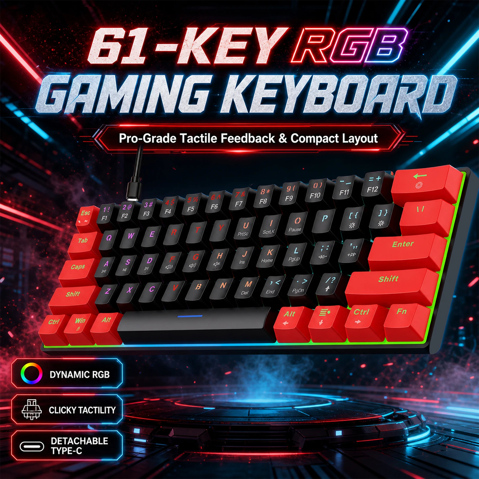 Teclado Gamer HXSJ de 61 Teclas 60% RGB com Switches Táteis Clicáveis, Conexão Tipo-C Destacável, Teclado Compacto para PC e Laptop