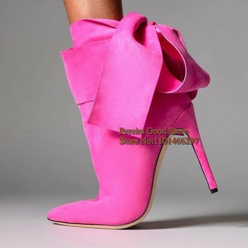 Grey Suede Lace-up Bowtie Pointed Toe Woman Stiletto Heel Short Boots Straps Cross Thin Heel Spring Ankle Boots Wrap Tie