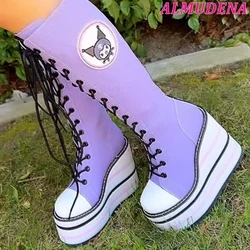 Canvas Lace up Cute Platform Knee High Boots Zipper Wedges Super High Heels Y2k Big Size Boot Luxury Designer Shoes for Women