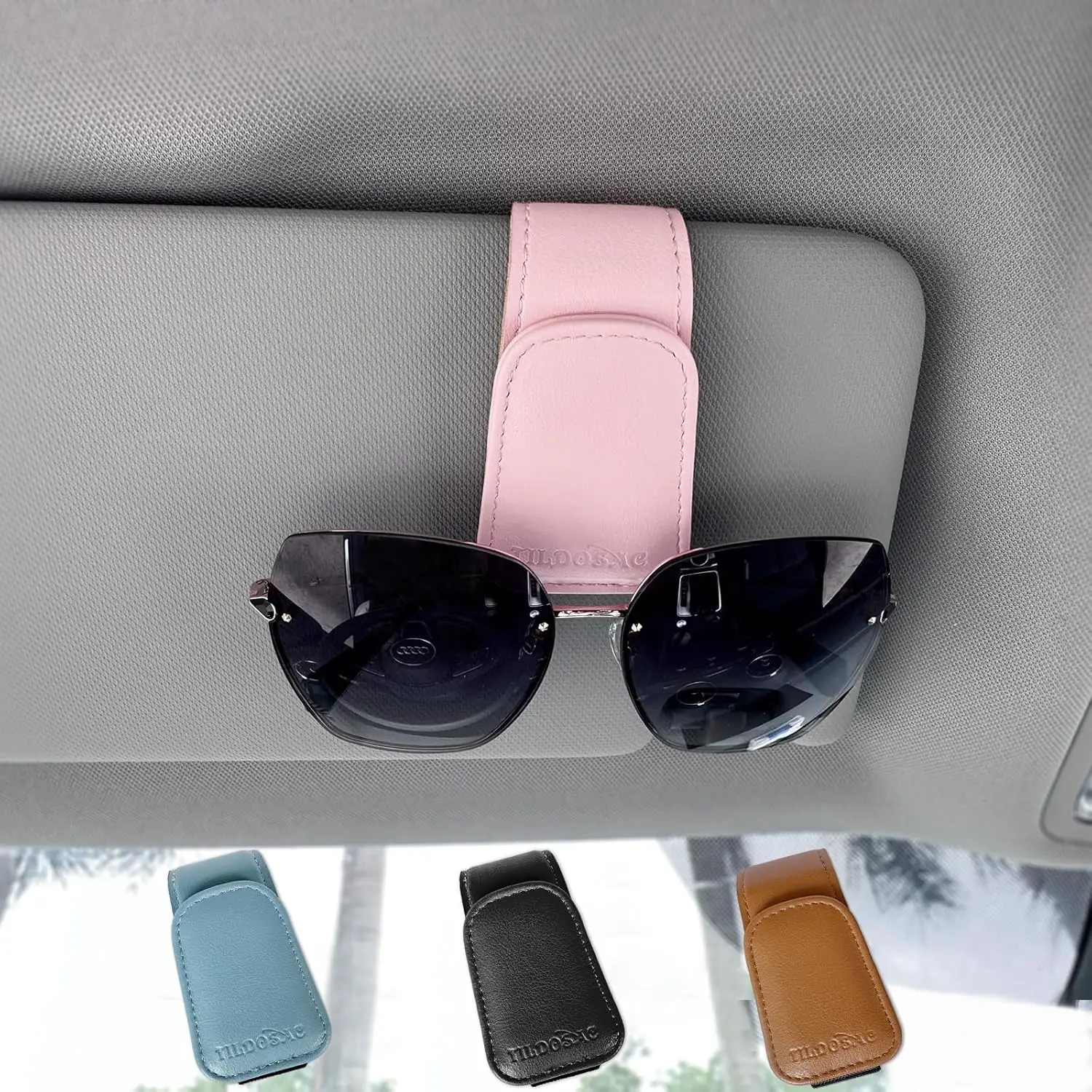 

Magnetic Car Visor Sunglasses Holder with Clip, Pink Leather Accessory