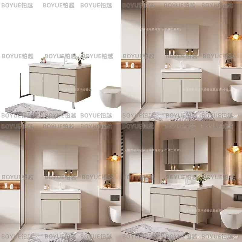 for Cream Floor to Ceiling Ceramic Integrated Washbasin Hand Wash Combination Bathroom Cabinet Modern Simple Face Wash Mirror