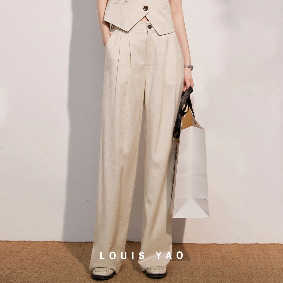 

LOUIS YAO High-waisted Folds Women's Trousers 2025 Summer New Elastic Waist Commuting Loose Long Casual Pants Women's Clothing