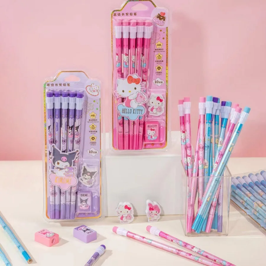 1/2sets Cartoon Hello Kitty Melody Kuromi Cinnamoroll HB Pencil Pencil Sharpener Sets Drawing And Sketching
