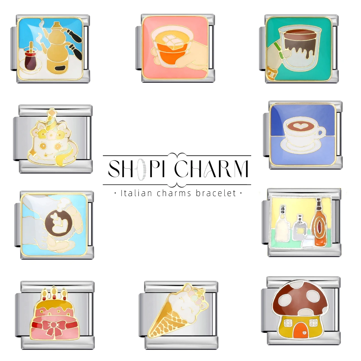 Fashion Women Coffee Cake Milk Ice Cream Italian Charm Bracelet Link  Stainless Steel Making DIY Jewelry Wholesale Drop Shipping
