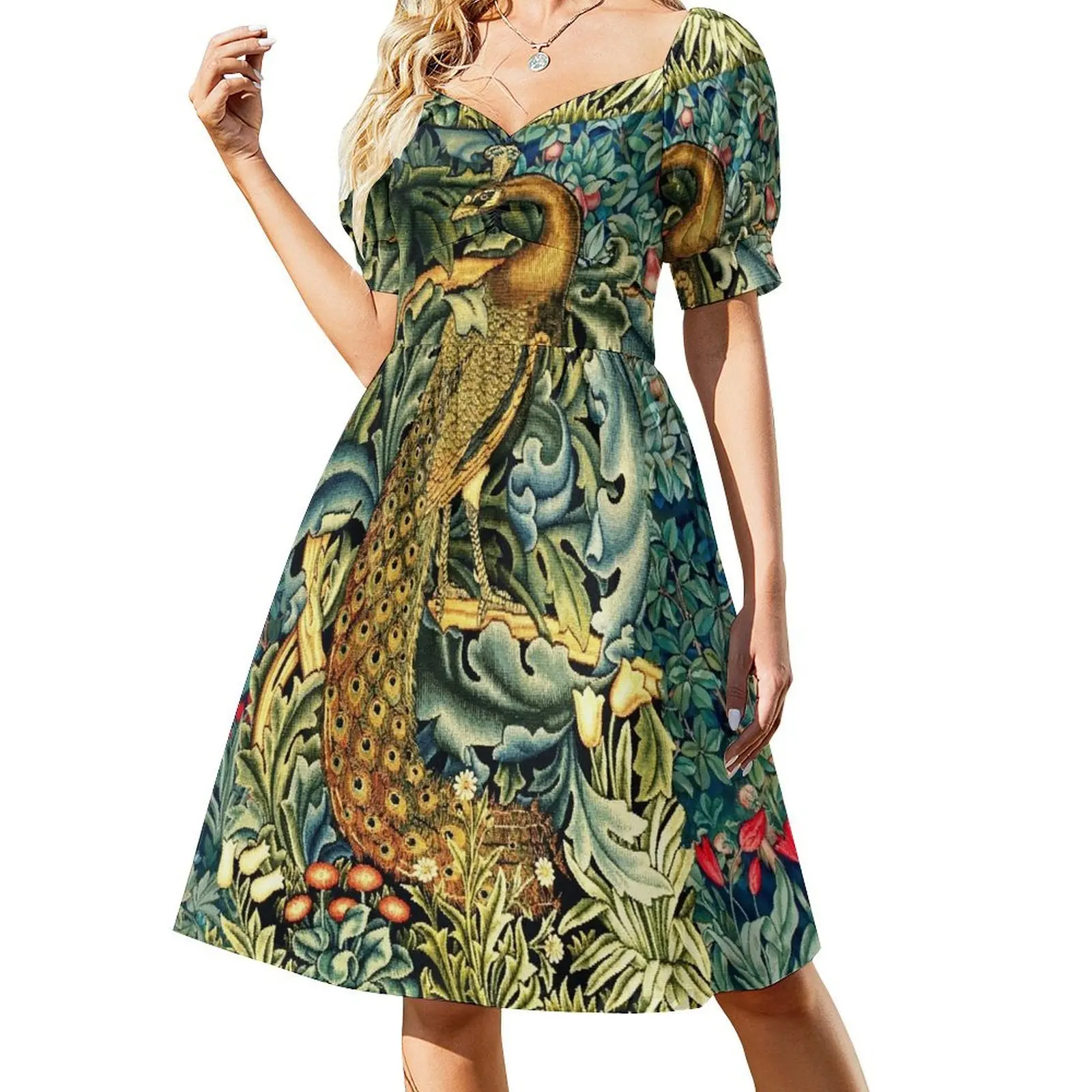 

GREENERY, FOREST ANIMALS ,PEACOCK WITH ACANTHUS LEAVES Blue Green Floral Short Sleeved Dress Dresses gala Dress