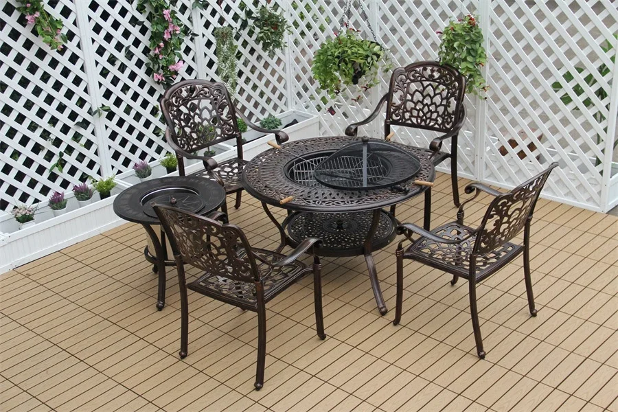 Mobília ao ar livre mesa redonda com mesa redonda de churrasco estrutura de alumínio fundido conjunto de jardim para jardim pátio quintal