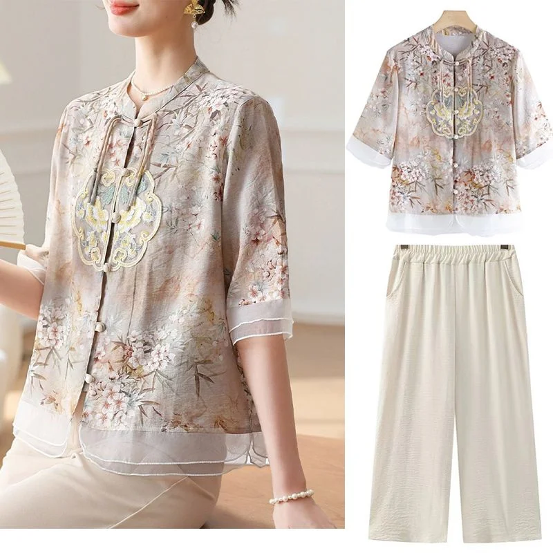 

6XL Summer Set New Chinese Style Shirt Middle aged and Old Age Fashionable Half Sleeves Fashion Shirt Cardigan Top and Pants