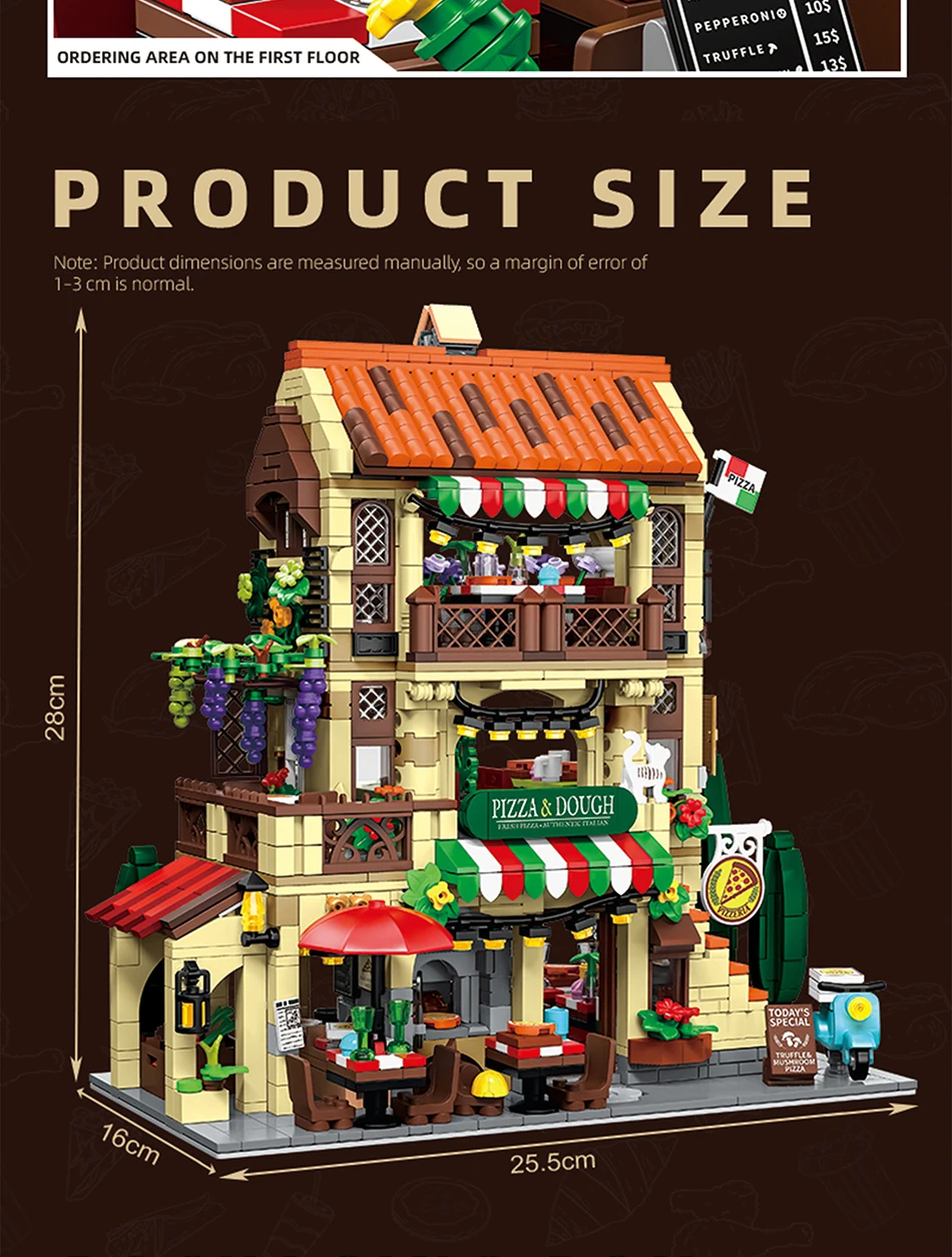 City Series MOC 1962pcs Pizza Shop Model Building Blocks DIY Pizza Restaurant Bricks Toys Gifts For Men Boy Desktop Ornament