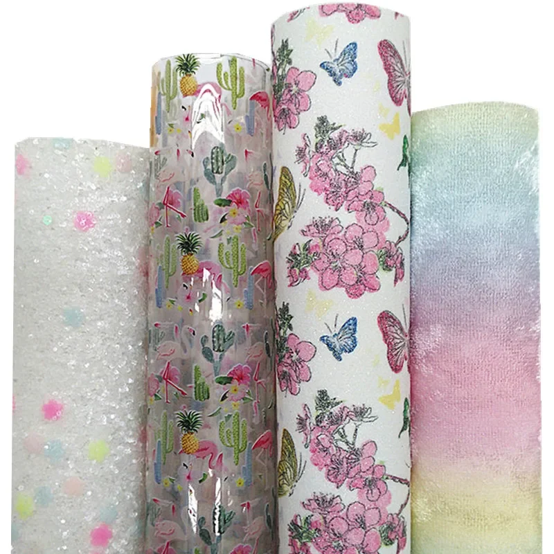 Flowers Glitter Leather Fabric Sheets Pastel Rainbow Crushed Velvet Flamingo Custom JELLY Sheets For Bows DIY 21x29CM Q991