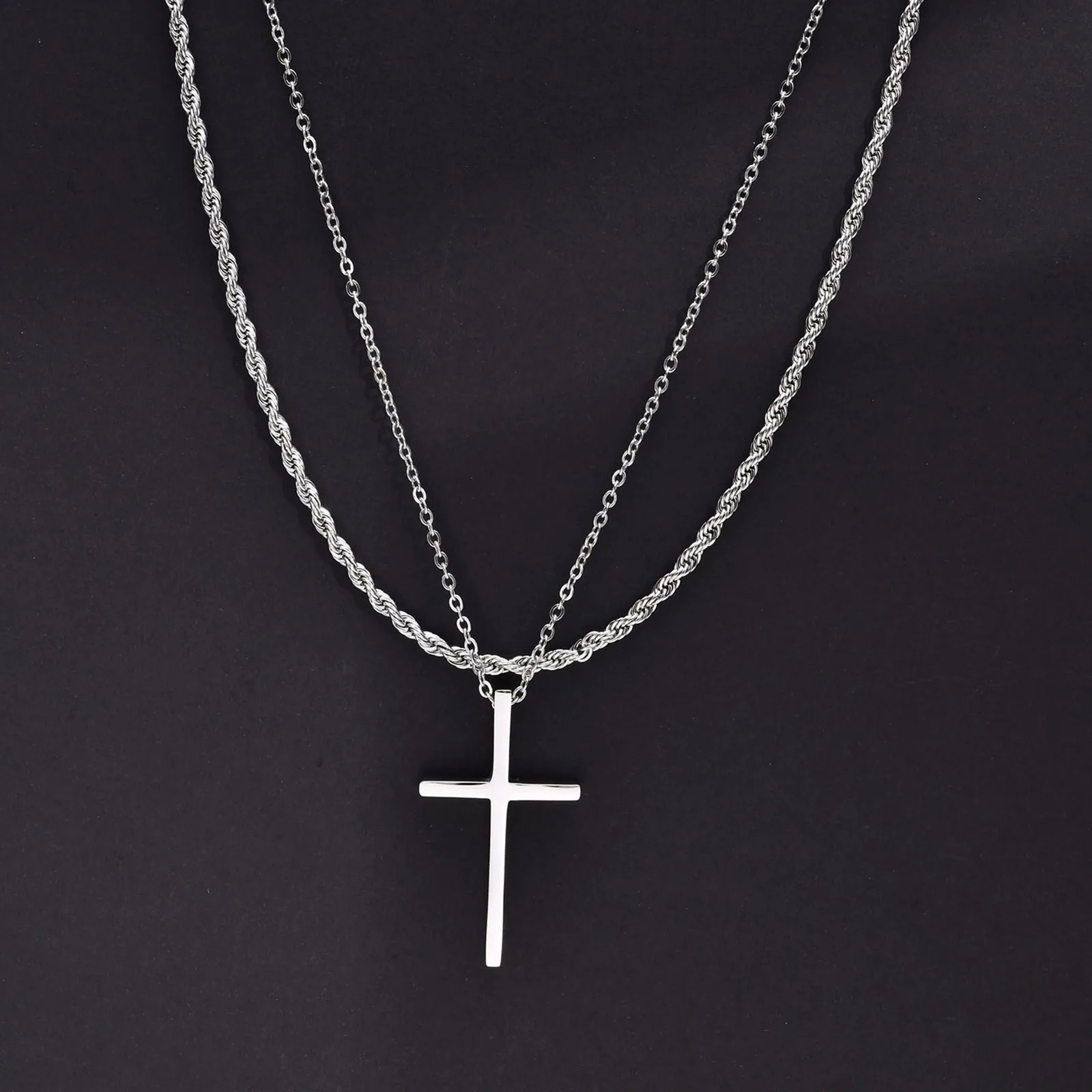 Vnox Layered Cross Necklaces for Men, Cuboid Cuban Rope Box Chain Necklaces, Layering Faith Jesus Christ Neck Collar