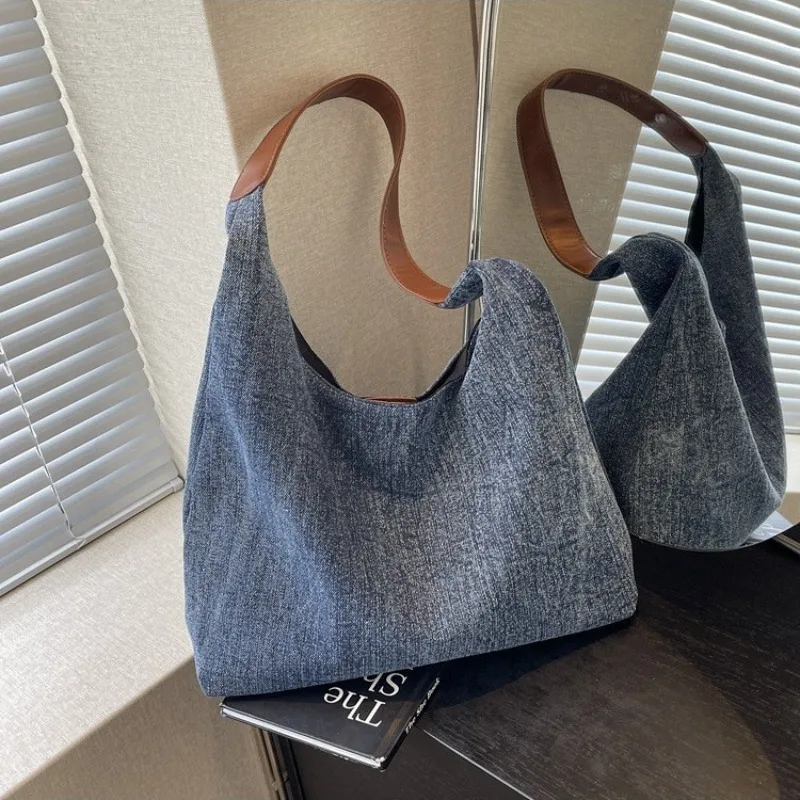 

2026 New Large Capacity Denim Canvas Tote Bag Women Casual Underarm Shoulder Bag Student School Daily Commute Handbag