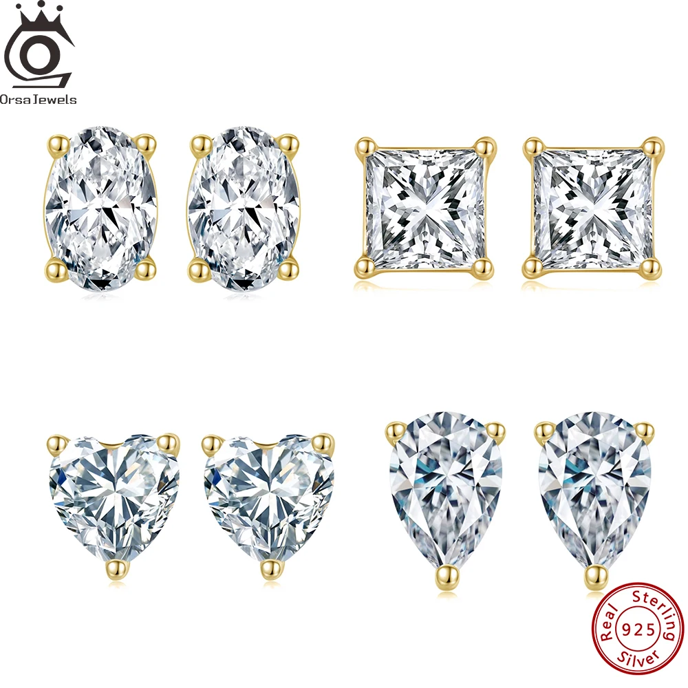 

ORSA JEWELS 925 Sterling Silver Ear Stud AAAA Zirconia Stone Shiny Geometric Stud Earrings Wedding Jewelry Prong Setting APE58