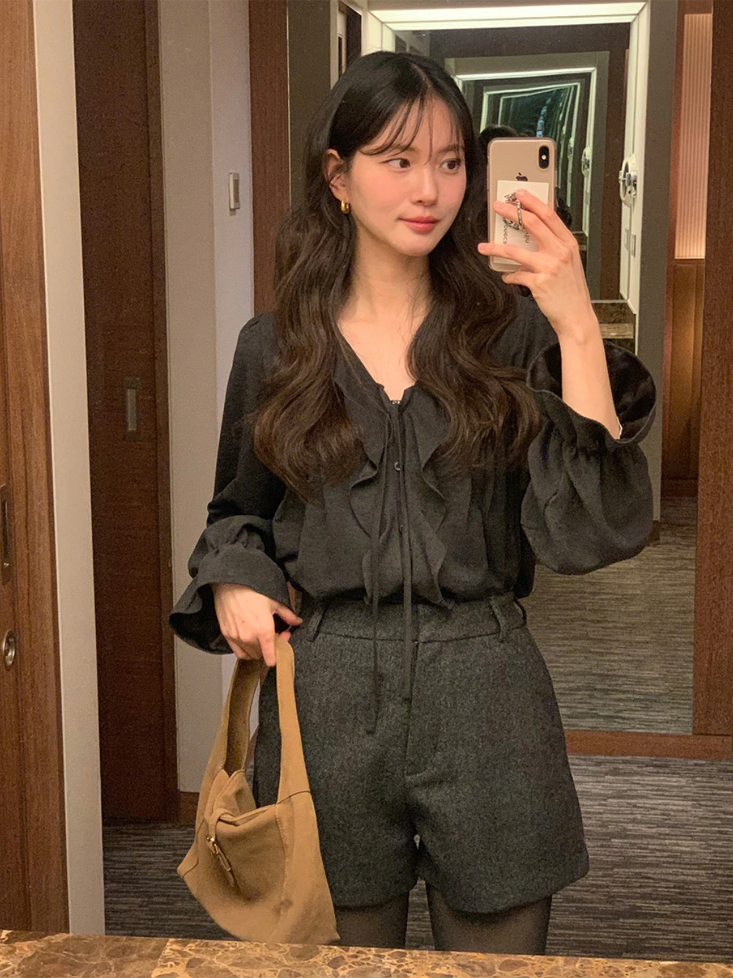 Doux jeune ourlet à volants v-ne cloche Sve irt femmes début du printemps plissé ample polyvalent Sa haut coréen Sle trajet