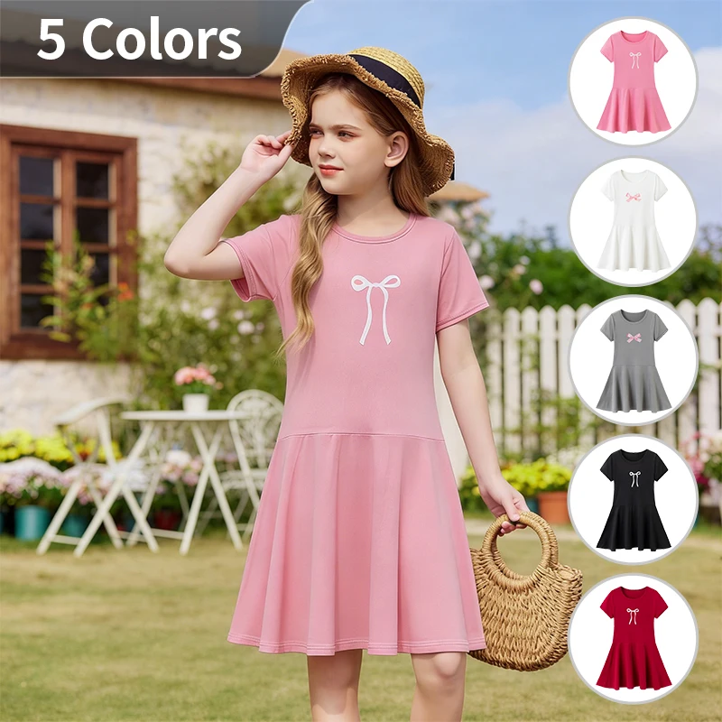 Girls' Summer Fashion Bow Print Dress, Children's Casual Versatile Knee Length Skirt, Comfortable Round Neck Cute Pleated Skirt
