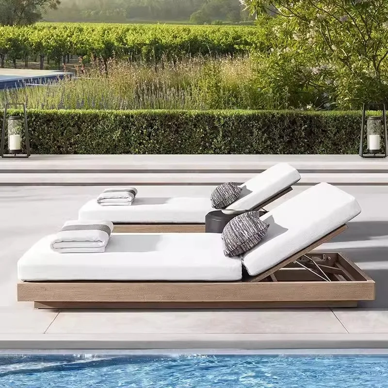 Outdoor bed, solid wood courtyard villa garden terrace teak deck chair, hotel outdoor swimming pool leisure beach chair