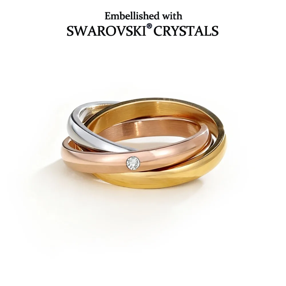 Tri Color Rolling Trinity Ring Embellished with Swarovski Crystals for Women Quality Brass 18K Gold Plated Fashion Jewelry