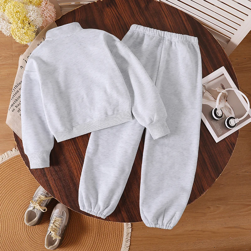 Girls 8-12 Winter 2Pcs Outfit, Half Zip Stand Collar Fleece Sweatshirt & Elastic Cuff Jogger Pants Casual Kids Set