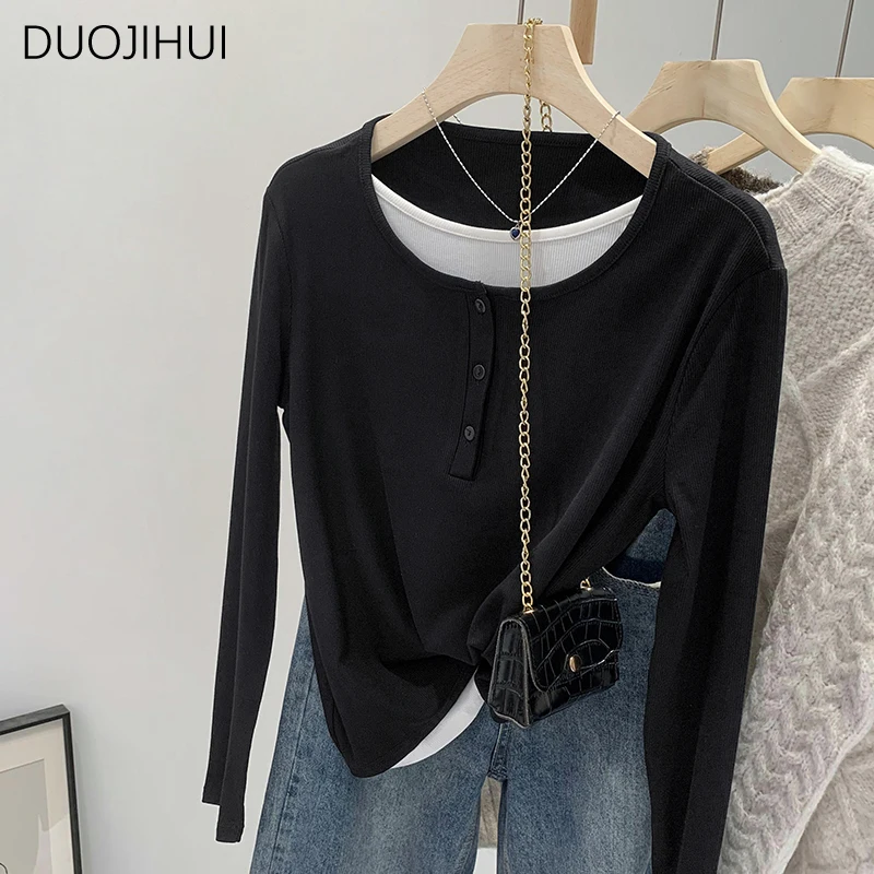 DUOJIHUI Contrast Color Fake Two Piece Loose Women T-shirts Autumn Basic Long Sleeve Chicly O-neck Simple Casual Female T-shirts