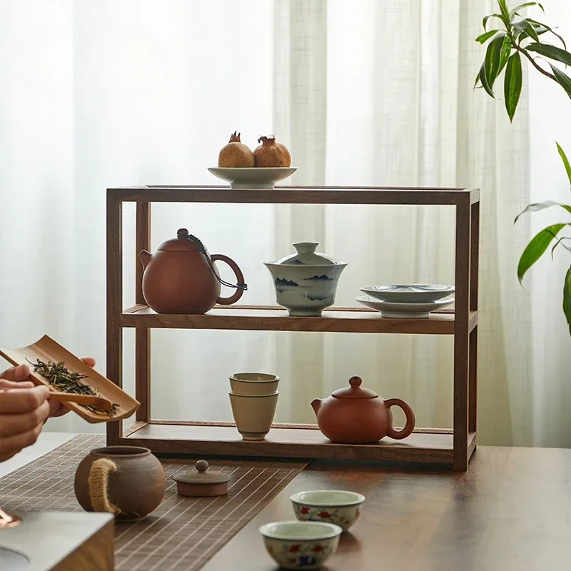 Traditional Chinese Style Black Walnut Tea Set Storage Elegant Home Organizer Solid Wood Shelves Perfect for Displaying Organize