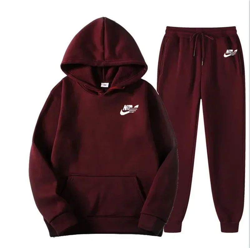 Ensemble sweat à capuche d'hiver pour hommes, mode polaire rouge, pantalon de marque noir, costume de jogging décontracté, survêtement