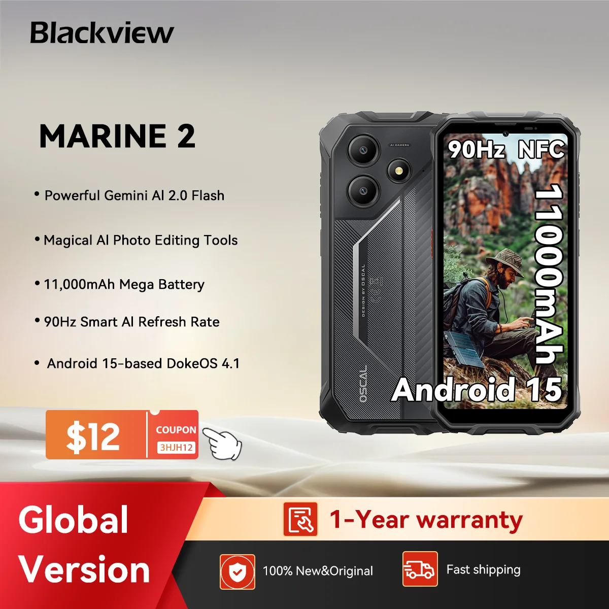 Blackview OSCAL MARINE 2 AI Smartphone Android 15, 6.56'' HD+ Display, 24(8+16)GB 256GB, Rugged Smartphone Unlock, 11000mAhNFC