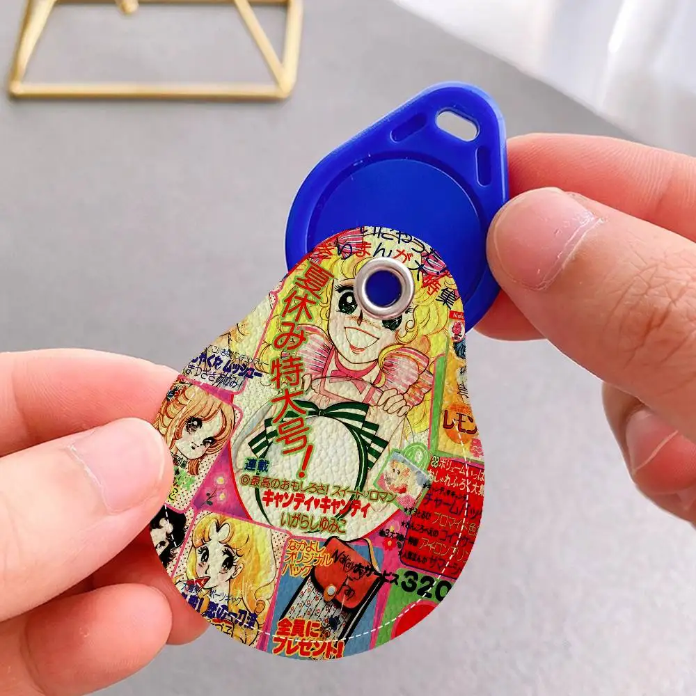 Candy Candy Anime 1PCS PU Leather Keychain Protective Case Door Lock Access Control Tags Card Bag Key Tag Ring