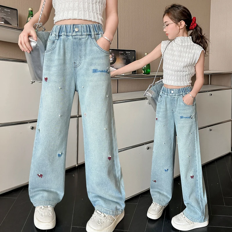 teen girls Embroidered bow nail bead jeans Streetwear Kids Child y2k Hip-hop High Waist Straight Loose Denim Pants Trousers 4-14