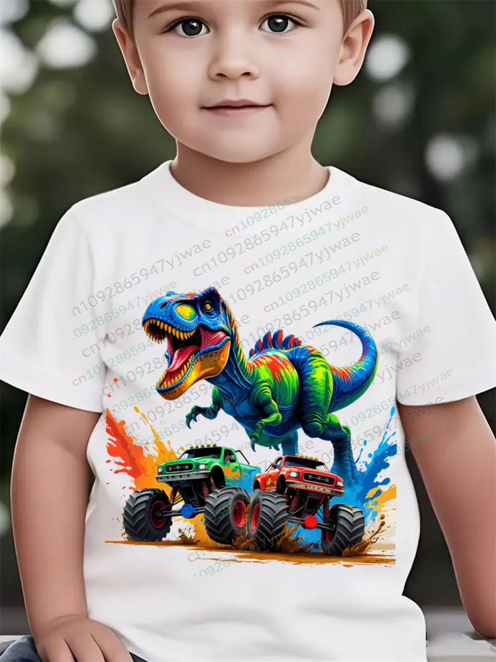 Sommermode für Jungen, kurzärmeliges Hemd, Jurassic Dinosaur Truck, grafisch bedrucktes, kurzärmeliges T-Shirt für Erwachsene und Kinder – Detail 7
