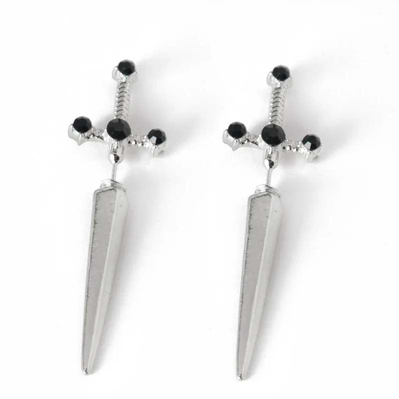 남성용 고딕 소드 귀걸이, 블랙 크리스탈 스터드 귀걸이, 힙합 파티 귀 쥬얼리