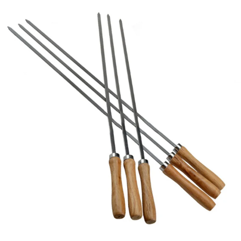 Brochetas de acero inoxidable para barbacoa B03C-Kebab con mangos de madera, palitos de brocheta de Metal reutilizables planos con bolsa de almacenamiento, 12 Uds.
