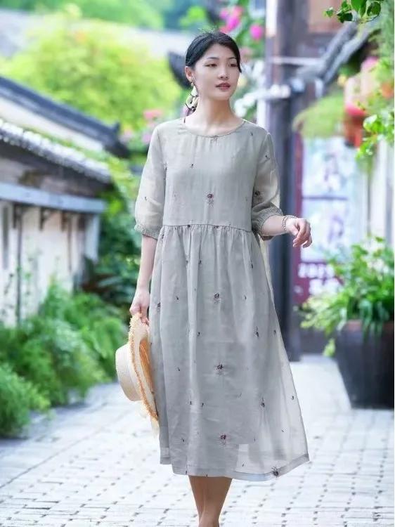 

Новое китайское хлопково-льняное платье с цветочным принтом, художественное, элегантное, омолаживающее, весна-лето, женское, модное, свободного кроя, с дизайнерской талией