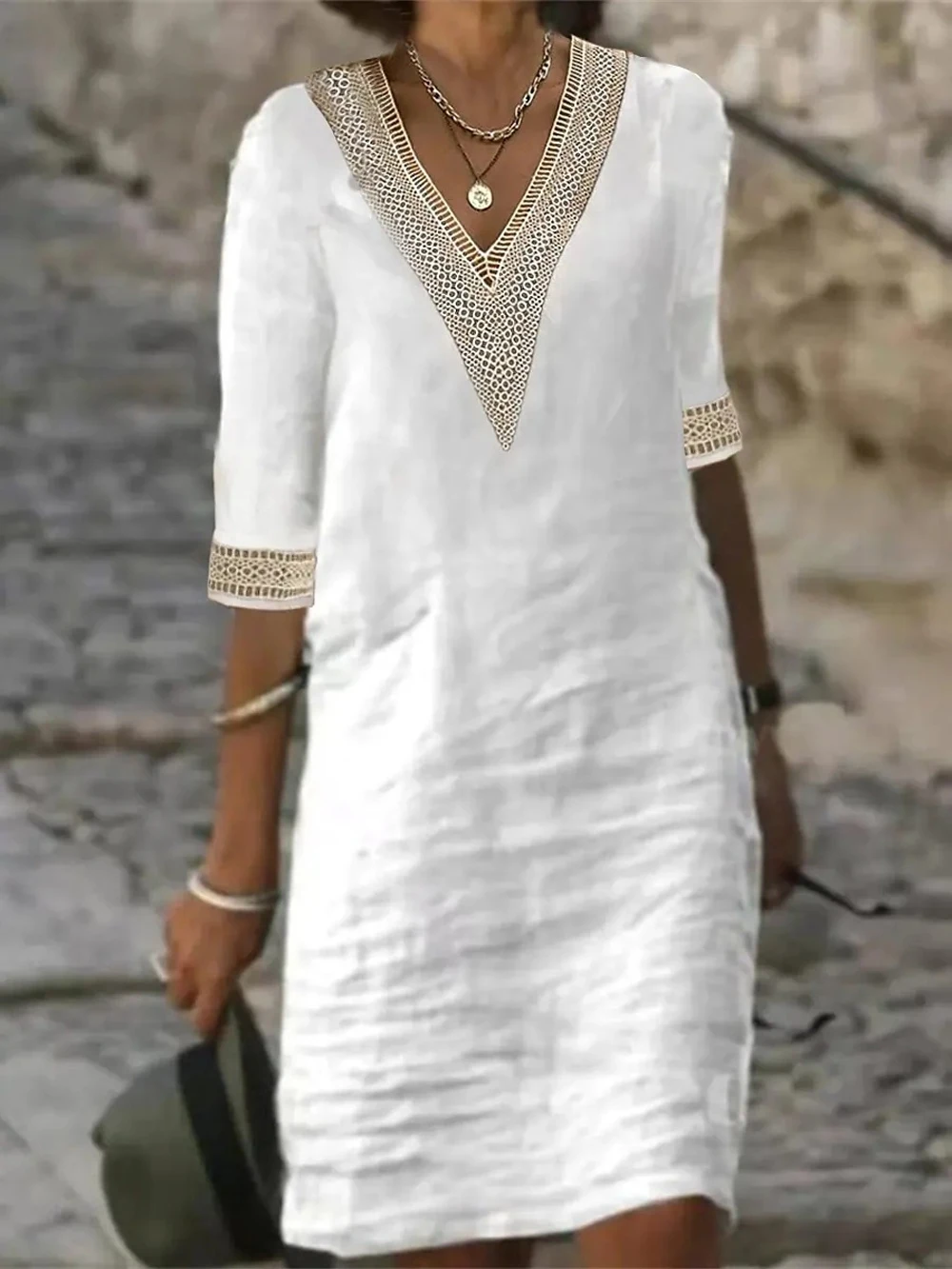 New solid color V-neck mid sleeved cotton linen elegant dress