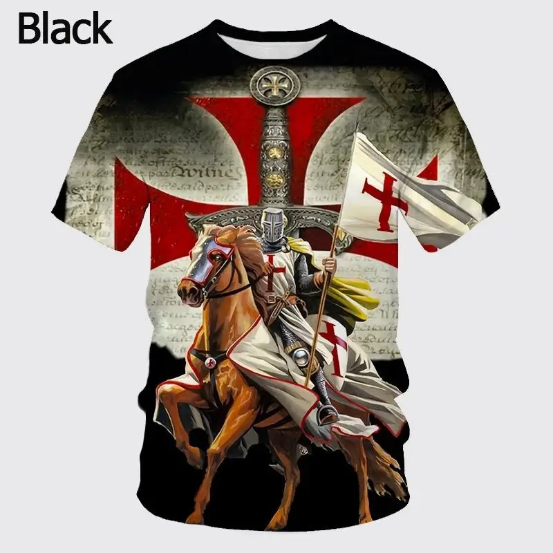 New Arrival 3D Templar Knight Print T-Shirt, Unique Feminine Holy Cross Pattern Tee, Breathable Casual Outdoor T Shirts for Men