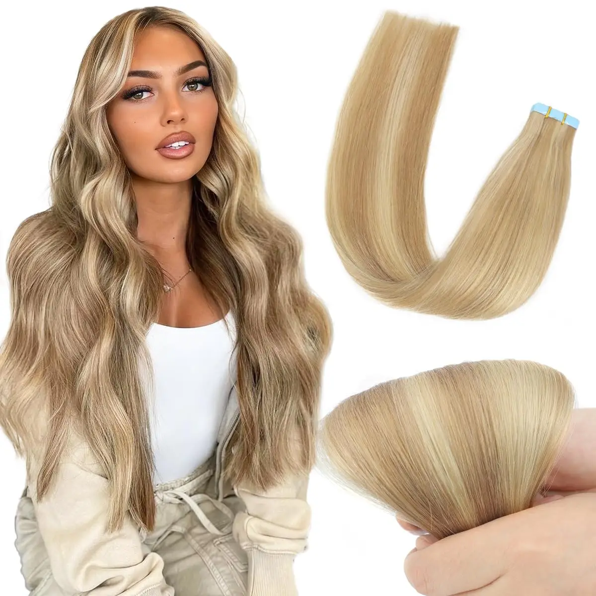 Alimice Tape in Hair Extensions Human Hair Ash Blonde Highlighted 613 Blonde Remy Human Hair Extensions 50g 20pcs/pack