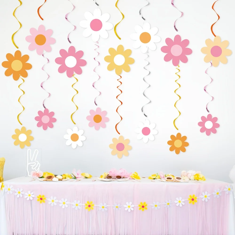 Set mit 16 rotierenden Gänseblümchen-Hängedekorationen – ideal für Boho-Hippie-Retro-Geburtstagsfeiern – Detail 2