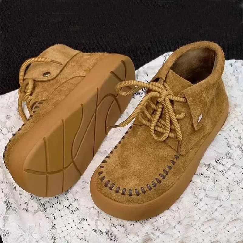 

Женские ботильоны на плоской подошве, модная замшевая обувь, повседневные дизайнерские женские зимние ботинки, 2025 г., удобные прогулочные ботинки на шнуровке Mujer De Botas