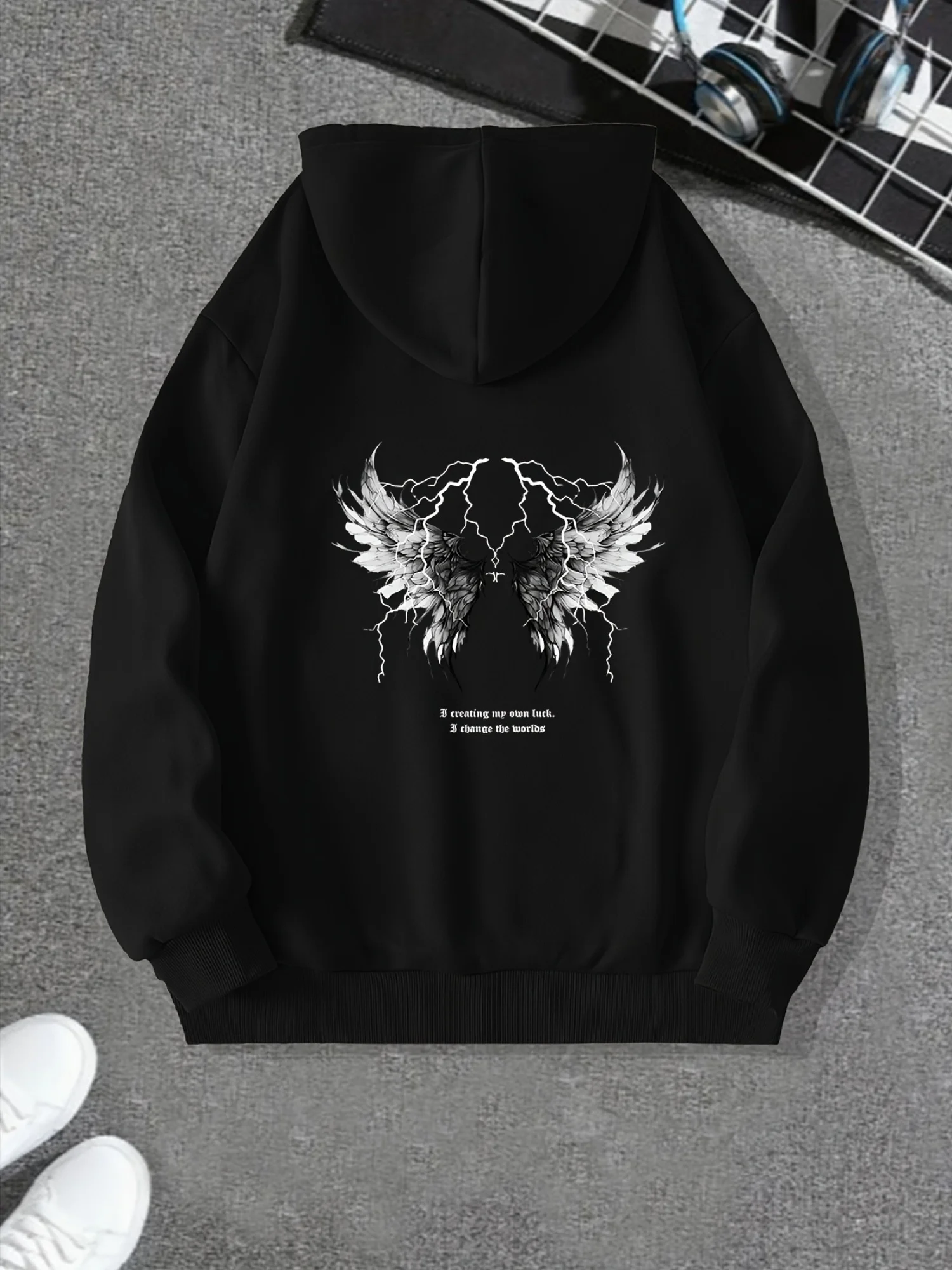 Angel Wing Lighting Graphic هوديي الرجال الشارع الشهير المتضخم الحد الأدنى البلوز البلوز، أنماط مطبوعة الظهر، هوديس الرجال