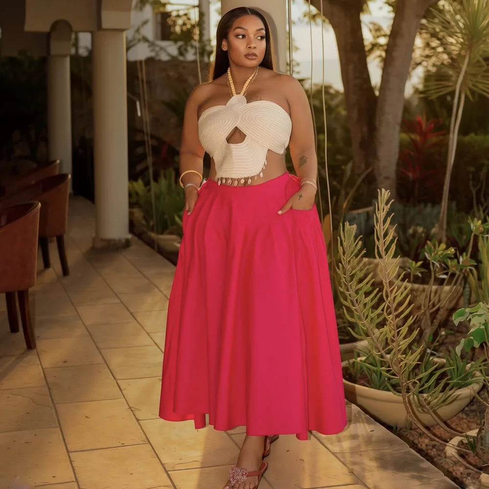 Rose Red Maxi Skirt For Women Without Top Pleats Ankle Length Spring Autuam Large Hem Satin Evening Party Skirt Birthday Wear