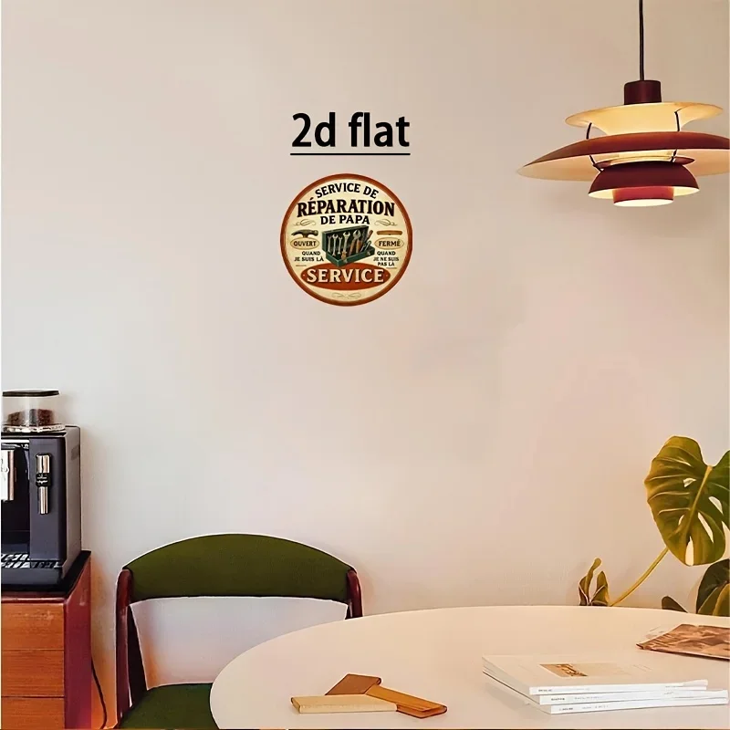Vintage Round Metal Tin Sign Papa Repair Service French Text Tool Box Pattern Wall Decor Garage Hanging Plaque Gift For Dad Work