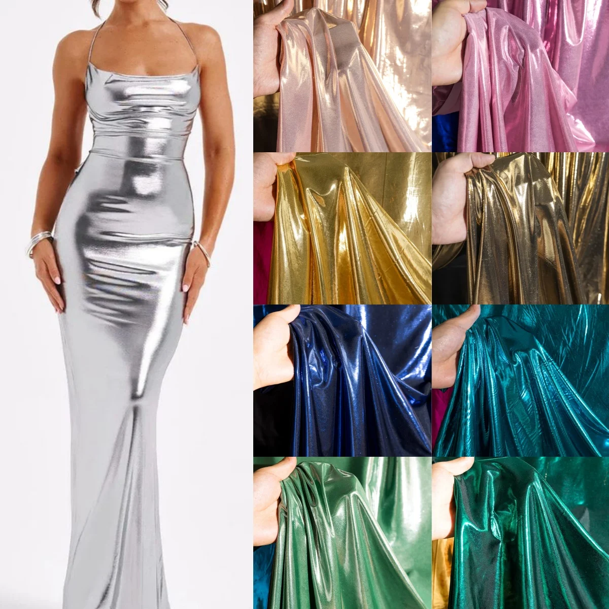 

Liquid metal texture silver hot stamping shiny fabric elastic leather fabric sewing straps skirts stage costumes designer fabric