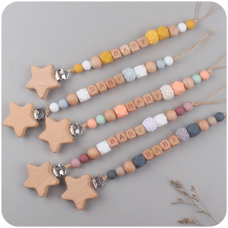 New Baby Pacifier Clip Chain Personalized Name DIY Star Wooden Silicone Teethers Dummy Nipple Holder Clips Teething Toy BPA Free