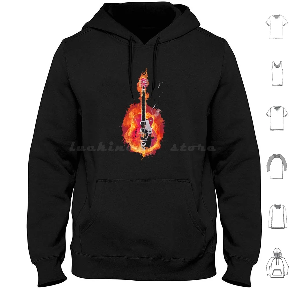 Flaming , Smoking Guitar T-Shirt-Rock N' Roll Hoodies Long Sleeve Guitar Music Fire Flames Flaming Smoke Smoking Hot