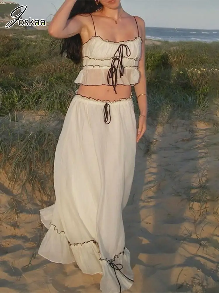 

Joskaa 2025 Summer Women's Vacation Style Two Piece Set Sexy Patchwork Ruffles Crop Camisole and Maxi Skirt Matching Beachwear