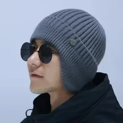 Nueva moda para hombre, gorro tejido cálido de lana, gorro con protección para los oídos, gorros, gorros de esquí gruesos de terciopelo de doble capa, gorros para hombre