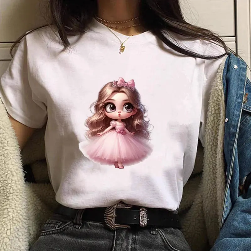 2025 Summer New Cotton T Shirt Women Play Princess Print Short Sleeve Tops Casual Pullover Street Y2k Fashion Tshirt Female